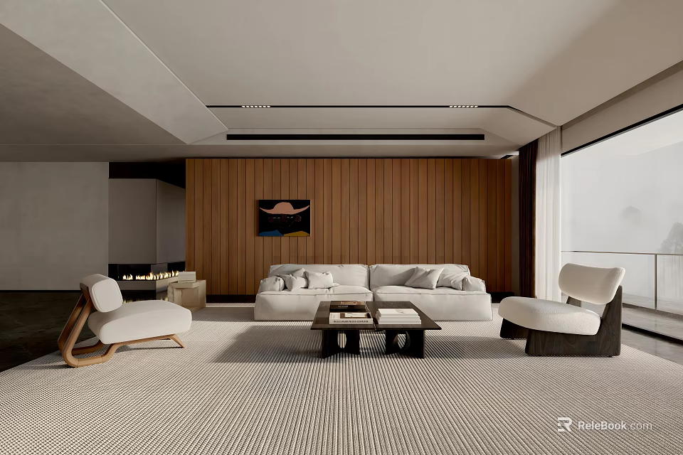 Modern Living Room Interior With Wooden Wall Artwork White Sofa And Coffee Table 3d model 