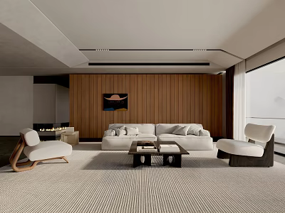 Modern Living Room Interior With Wooden Wall Artwork White Sofa And Coffee Table 3d model