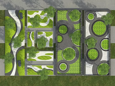 Garden Landscaping Features Circular Patterns Curved Paths And Geometric Green Spaces 3d model