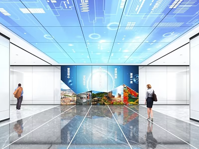 Modern Lobby With Digital Ceiling Elevators Large Urban Mural Pedestrians And Polished Floor 3d model