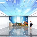 Modern Lobby With Digital Ceiling Elevators Large Urban Mural Pedestrians And Polished Floor