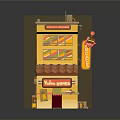 Two Story Coffee Shop Building Model With Yellow Exterior Red Tiled Roof And Signboard