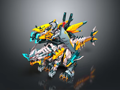 Colorful Mechanical Dinosaur Creature With Yellow Gray Armor Wings And Glowing Blue Accents 3d model