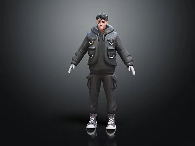 Human Character Wearing Gray Hoodie Cargo Pants White Gloves and Sneakers Standing on Dark Background 3d model