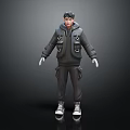 Human Character Wearing Gray Hoodie Cargo Pants White Gloves and Sneakers Standing on Dark Background
