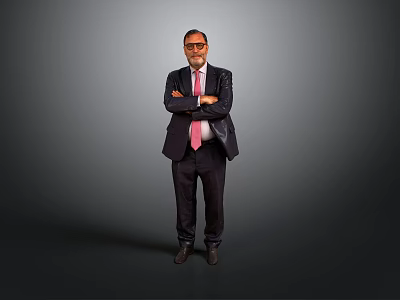 A Man In Black Suit With Pink Tie Standing With Crossed Arms On Gray Background 3d model