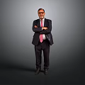 A Man In Black Suit With Pink Tie Standing With Crossed Arms On Gray Background