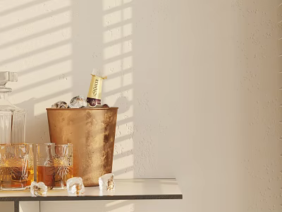 Stylish Wine Bottle And Glasses With Copper Bucket Ice Sunlight Through Blinds On Table And Decanter 3d model