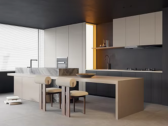 Modern Open Kitchen Island Water Bar Solid Wood Bar Table Solid Wood Dining Chair Solid Wood Cabinet Faucet Gas Stove Oven 3d model