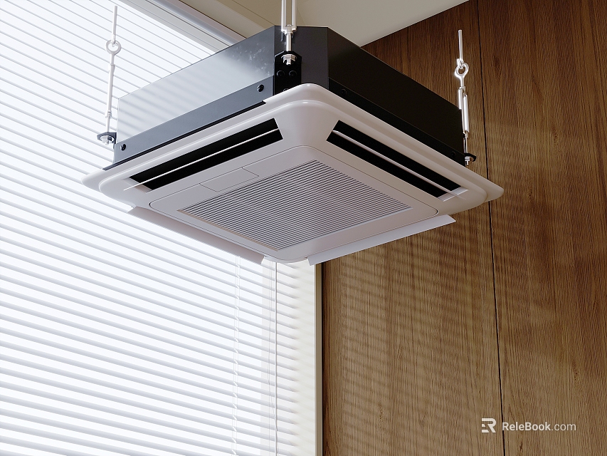 Modern Ceiling Mounted Air Conditioner Fan Installed In Room With Wooden Wall And Window Blinds 3d model 