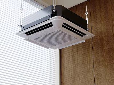 Modern Ceiling Mounted Air Conditioner Fan Installed In Room With Wooden Wall And Window Blinds 3d model
