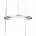 Modern White Circular Chandelier Hanging in Minimalist Interior with White Ceiling and Thin Cords