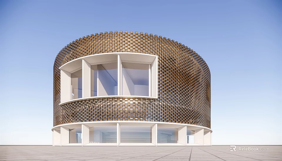Circular Modern School Building With Golden Honeycomb Facade Large Windows And White Base 3d model 