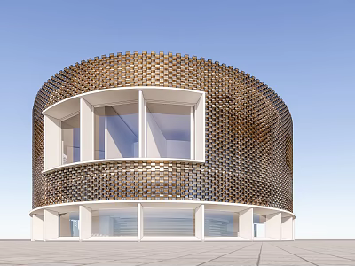 Circular Modern School Building With Golden Honeycomb Facade Large Windows And White Base 3d model