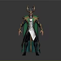 3D Rendered Loki Character Model With Green Gold Cape Horned Helmet And Detailed Armor