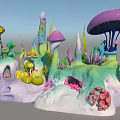 Aquatic Plants With Purple Mushroom Shaped Structures Green Seaweed And Colorful Corals On Rocks