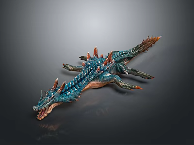 Game Movie Fantasy Creature Character with Blue Scaly Body Orange Spines and Long Tail 3d model