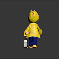 Child Doll Wearing Yellow Polka Dot Raincoat Standing Next To Small Duckling Toy