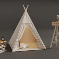 Beige Tipi Tent with Soft Cushion Inside and Small Wooden Shelf Decorative Signpost
