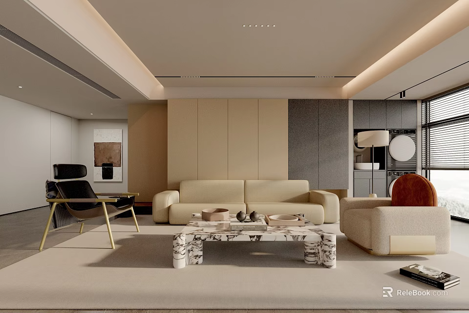 Modern Living Room Beige Sofa And Marble Coffee Table With Minimalist Wall Design 3d model 