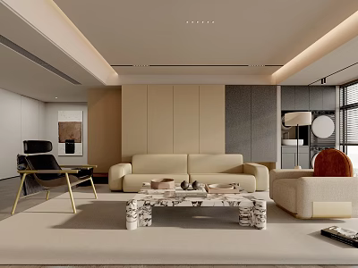Modern Living Room Beige Sofa And Marble Coffee Table With Minimalist Wall Design 3d model