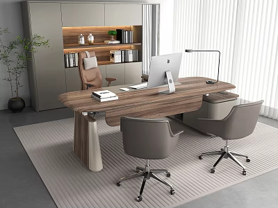 Modern Wooden Office Desk With Laptop Lamp Two Office Chairs Bookshelf And Rug 3d model