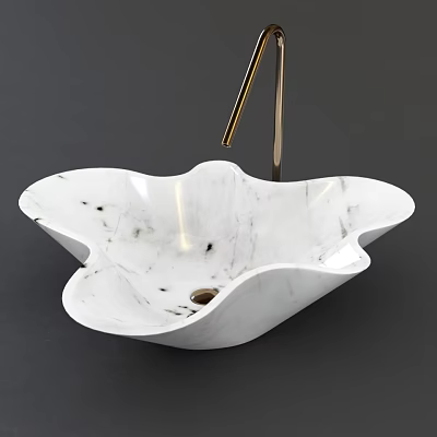 Elegant Petal Shaped White Marble Vessel Sink With Gold Faucet Design 3d model