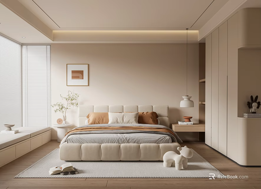 Modern Bedroom Interior Design With Soft Upholstered Bed Area Rug And Pendant Light 3d model 