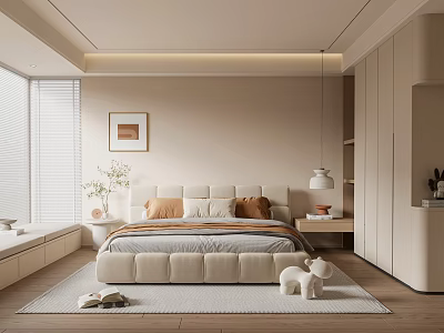 Modern Bedroom Interior Design With Soft Upholstered Bed Area Rug And Pendant Light 3d model