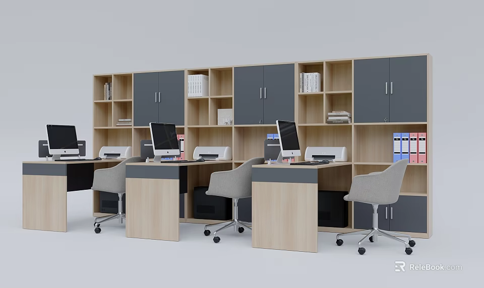 Modern Open Office Interior With Wooden Desks Computers Bookshelves And Ergonomic Chairs 3d model 