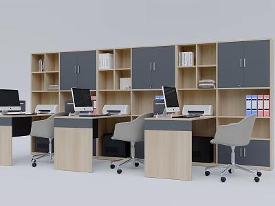 Modern Open Office Interior With Wooden Desks Computers Bookshelves And Ergonomic Chairs 3d model