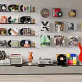 Digital Radio And Vinyl Records Display With Red Electric Guitar On Shelves