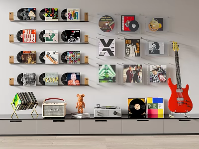 Digital Radio And Vinyl Records Display With Red Electric Guitar On Shelves 3d model