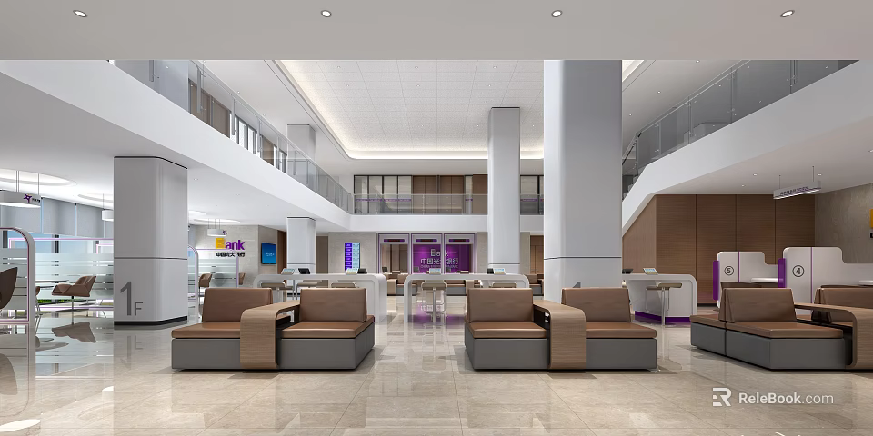 Spacious Bright Modern Bank Lobby With Comfortable Sofas Service Counters And Columns 3d model 
