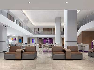 Spacious Bright Modern Bank Lobby With Comfortable Sofas Service Counters And Columns 3d model