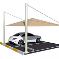 Outdoor Carport with Canvas Roof and Supporting Poles for White Car Parking Space