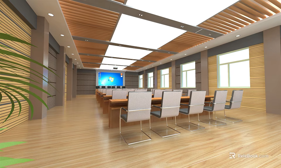 Modern Conference Room Interior With Long Table Wooden Ceiling And Large Screen Windows 3d model 