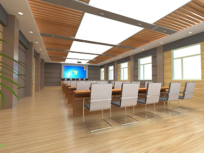 Modern Conference Room Interior With Long Table Wooden Ceiling And Large Screen Windows 3d model