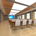 Modern Conference Room Interior With Long Table Wooden Ceiling And Large Screen Windows