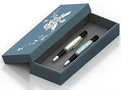 Open Blue Box With White Floral Pattern Containing Two Elegant Pens And Gray Interior 3d model