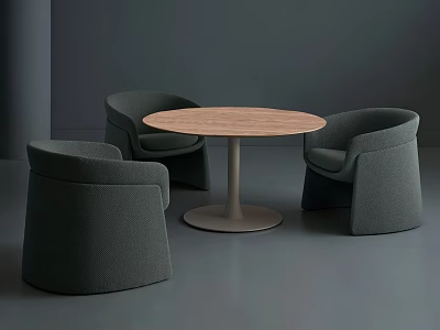 Modern Round Dining Set With Wooden Tabletop And Gray Upholstered Chairs 3d model
