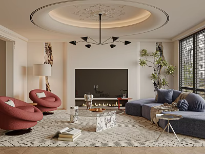 Modern Warm Living Room Interior With Comfortable Sofas Marble Table And Exquisite Ceiling Design 3d model
