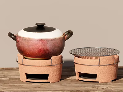 Traditional Clay Cooking Pot With Lid And Stand Alongside Mesh Covered Heating Tool 3d model
