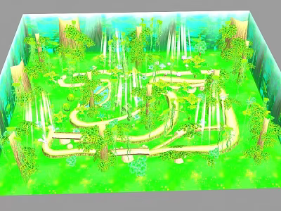 Scenic Green Maze with Lush Trees and Flowing Waterfalls in Forest 3d model