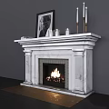 Elegant Marble Fireplace With Framed Painting Books And Candles On Mantel And Burning Fire Inside
