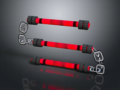 Red Bar Shaped Weapon With Black Grips And Metal Hooks On Reflective Surface 3d model