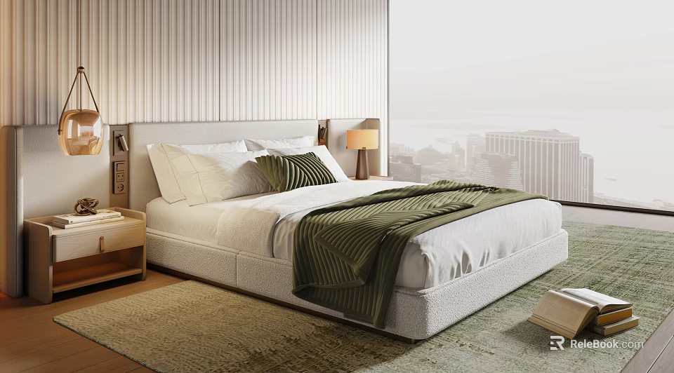 Double Bed With White Sheets Green Throw Blanket Pillows And Vertical Striped Headboard Wall 3d model 