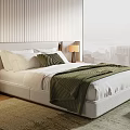 Double Bed With White Sheets Green Throw Blanket Pillows And Vertical Striped Headboard Wall
