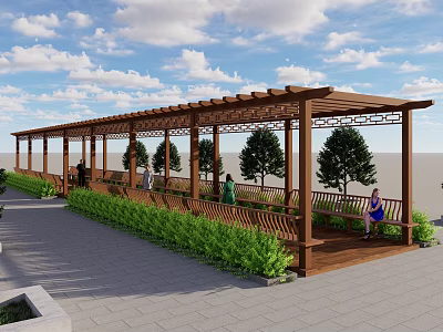 Serene Wooden Pergola With Lush Green Plants Paved Pathway People Relax Under Blue Sky 3d model