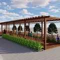 Serene Wooden Pergola With Lush Green Plants Paved Pathway People Relax Under Blue Sky
